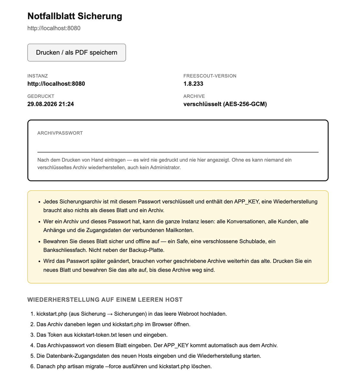 Das Notfallblatt in der verschlüsselten Form, mit Linie für das Passwort