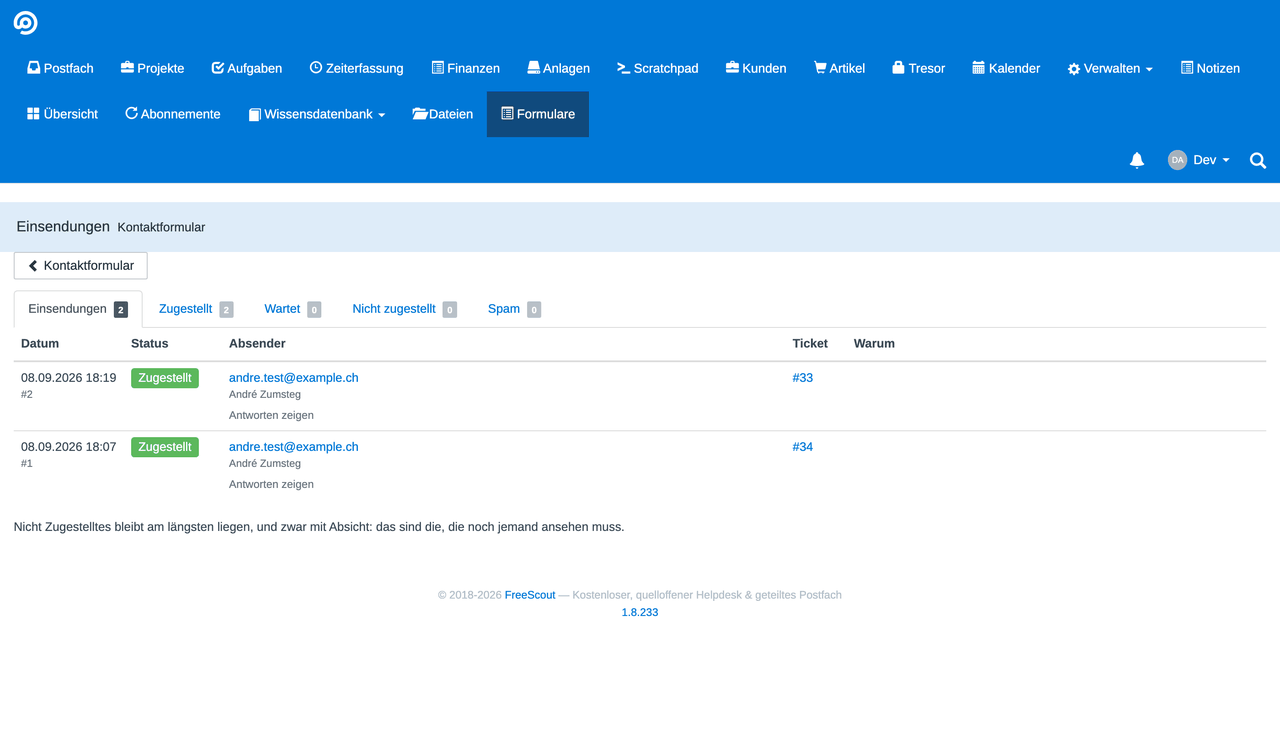 Submissions per form: filter by state, a link to the ticket, “retry” for a failed one.
