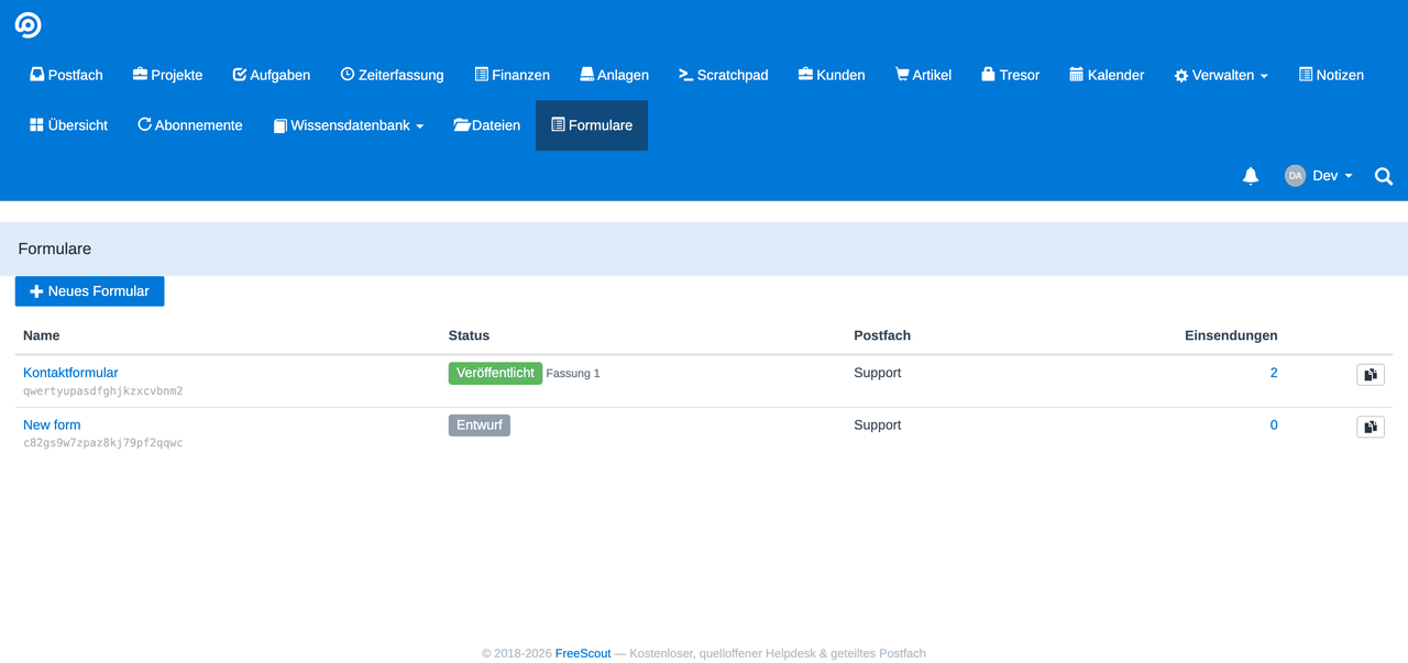 The list of forms: state, mailbox and the number of submissions per form.